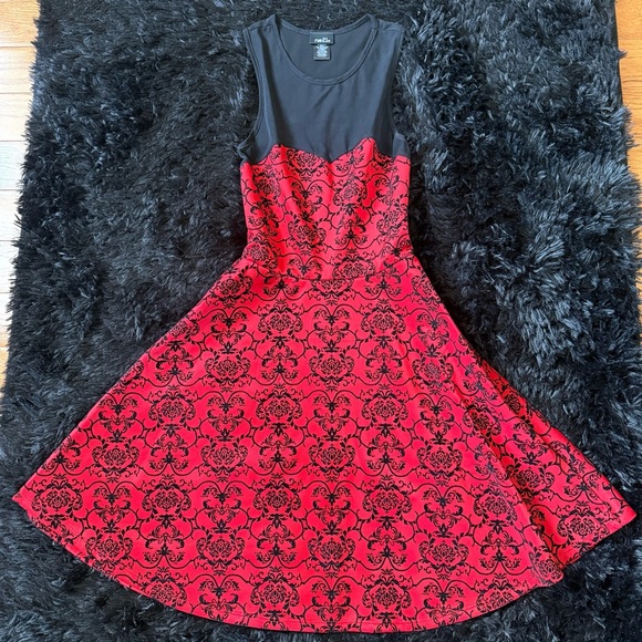 Rue 21 Whimsigoth Red and Black Damask Printed Skater Dress - Picture 4 of 7